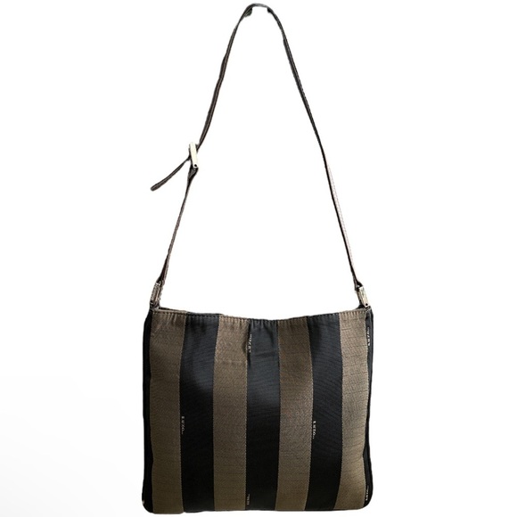 FENDI Vintage Pequin Stripe Crossbody Bag Tobacco Brown Canvas Leather Authentic - Picture 2 of 13
